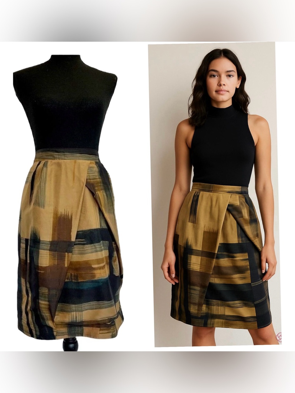 PAUW Amsterdam tan brown 100% silk abstract skirt Sz 14 NWOT